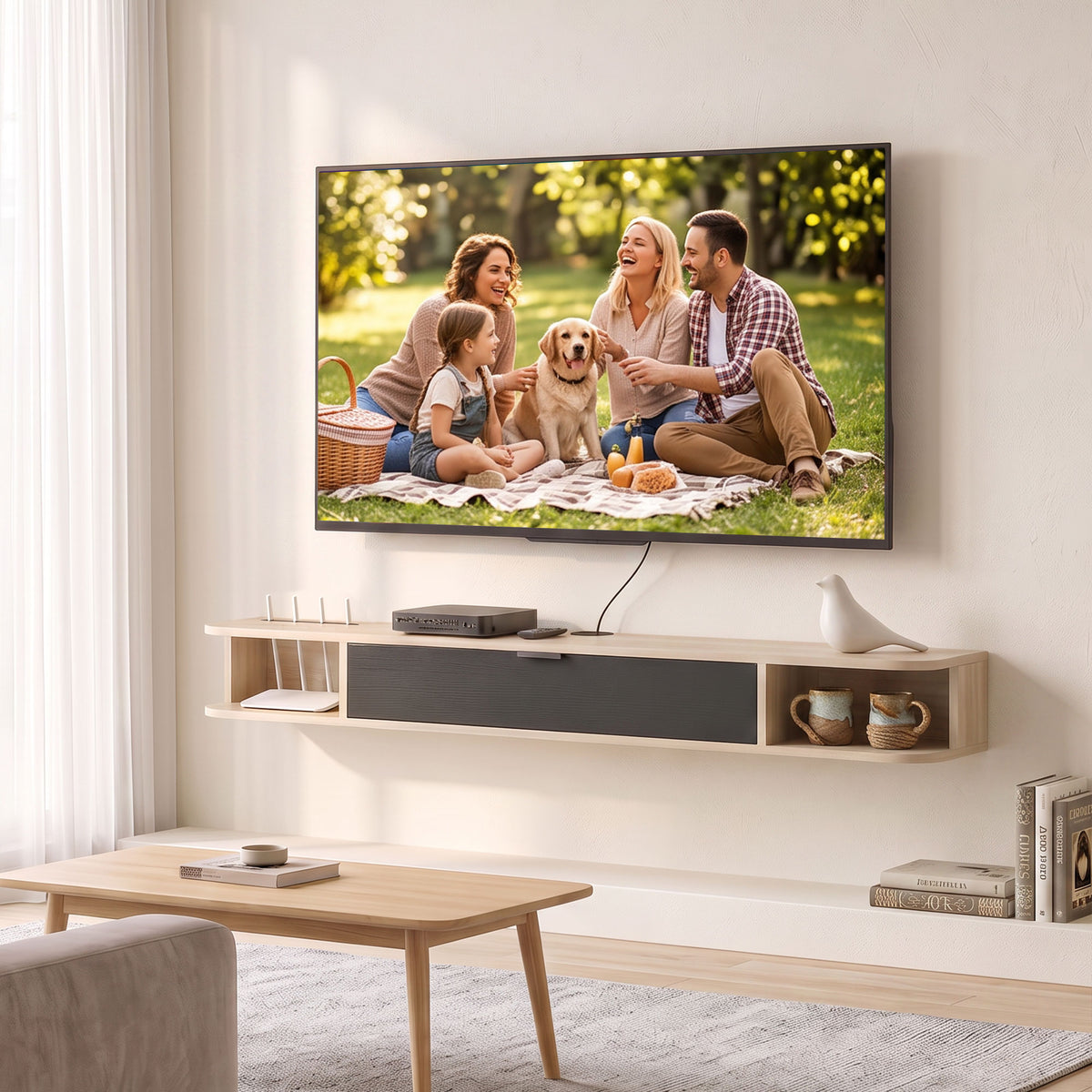 Meuble TV suspendu, meuble télé pour téléviseur jusqu'à 60 pouces, tiroir rabattable 2 étagères 140x24x16cm bois naturel-6