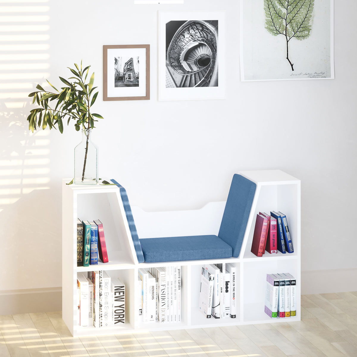 Bibliothèque banc 2 en 1 avec coussins de siège, étagère cube 6 compartiments ouverts et 2 niveaux, meuble de rangement pour salon, chambre à coucher, bureau, 102 x 30 x 61 cm, bleu-7
