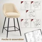 Lot de 2 tabourets de bar en tissu velours côtelé, chaises de bar avec dossier courbé, repose-pieds, 49x52x88cm, beige-6