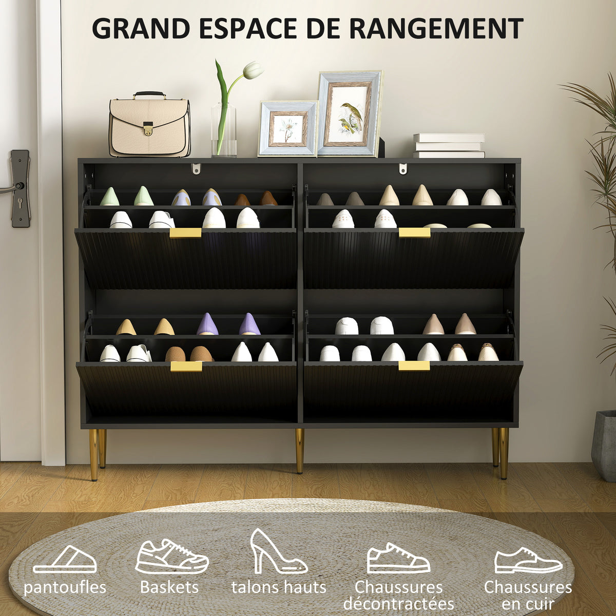 Meuble à chaussures 20 paires avec 4 tiroirs rabattables, portes cannelées et étagères réglables, 105x24x91,5cm, noir-4