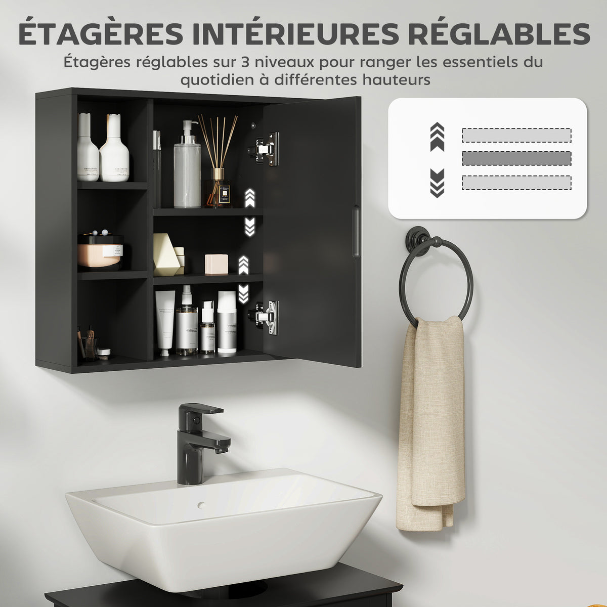 Meuble salle de bain avec miroir, placard à portes et 6 compartiments ouverts, 60 x 14,5 x 49,4 cm, noir-5