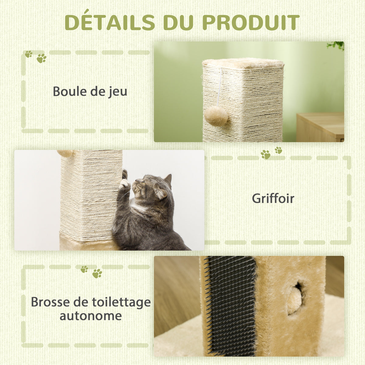 Poteau à gratter pour chat griffoir pour chat balle avec clochette 2 brosses de toilettage 59,5 x 39 x 79 cm beige crème-4
