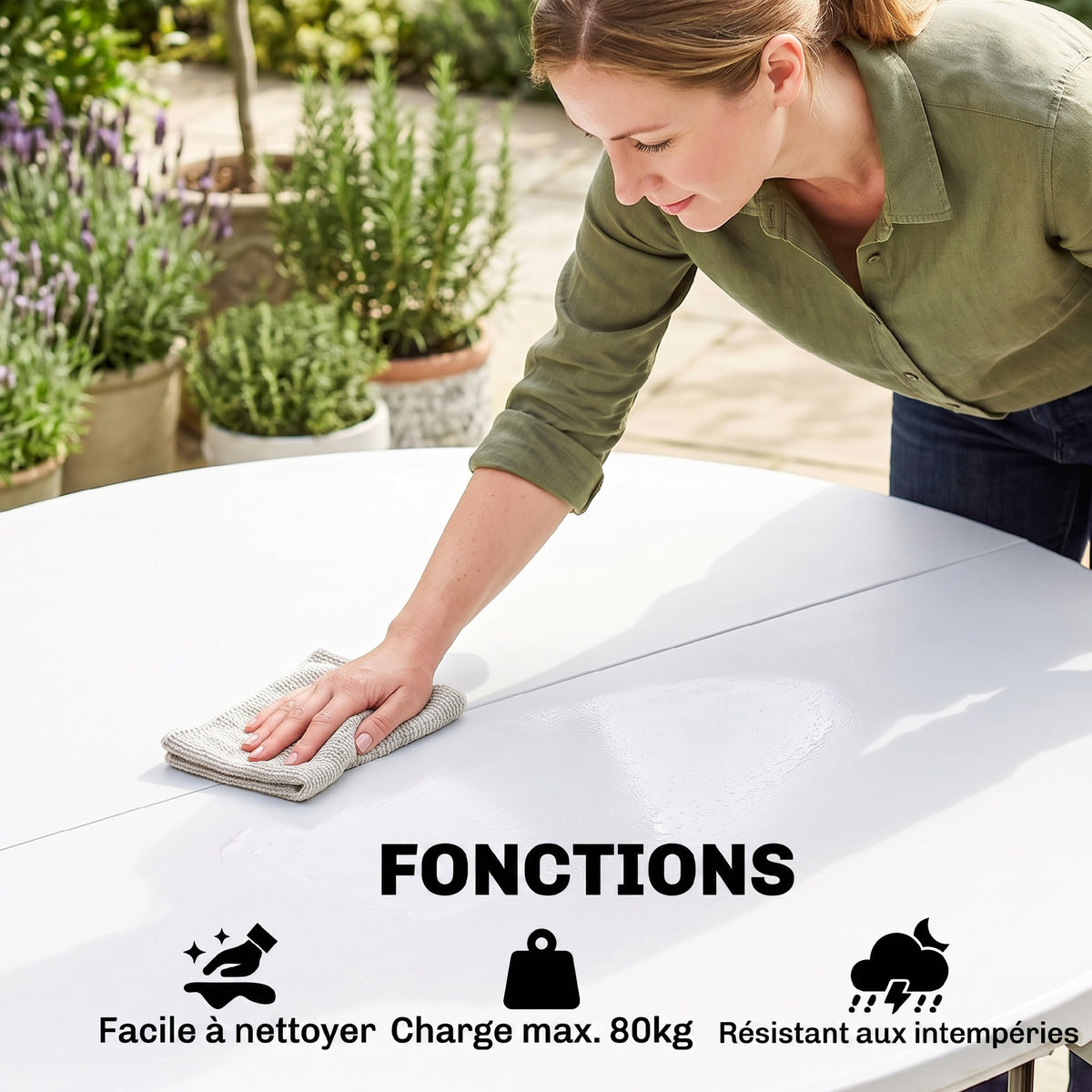 Table ronde de jardin pliante Ø122 cm peut accueillir 6 personnes pour évènement, structure métal, plateau HDPE-4