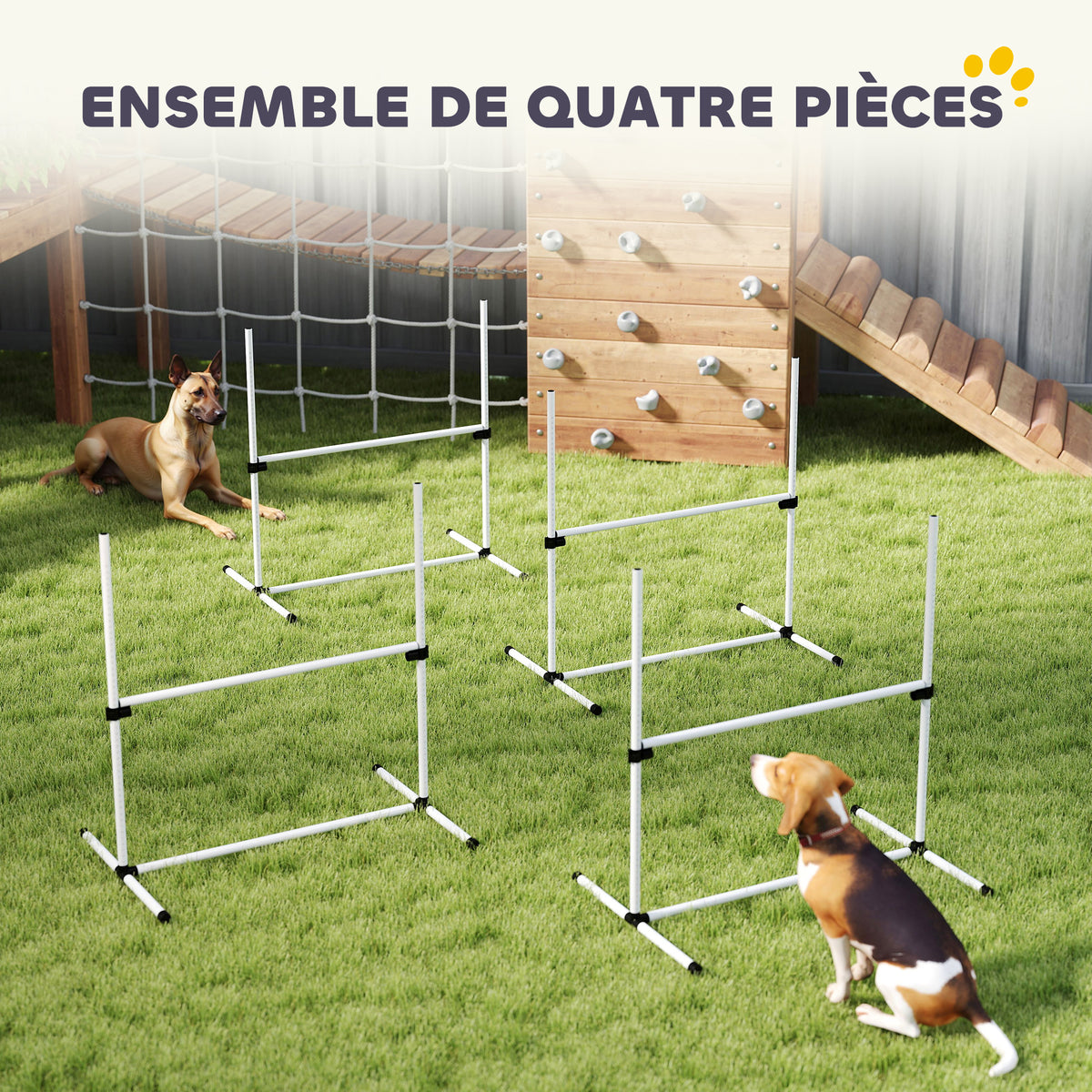 Agility pour Chiens, Kit Agility Chien Parcours, Set de 4 Obstacles Professionnels Hauteur Réglable, Système de Maintien au Sol, Sac de Transport, Jeux Intéressants, Entraînement, Blanc-4