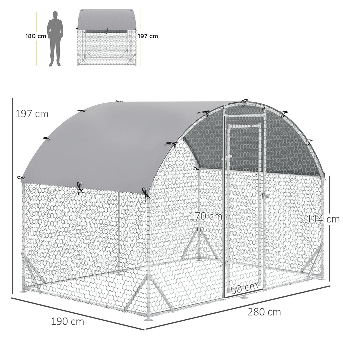 Grand enclos poulailler 5,32 ㎡ parc grillagé toit anti-UV porte verouillable 2,8 x 1,9 x 1,97 m argenté-2