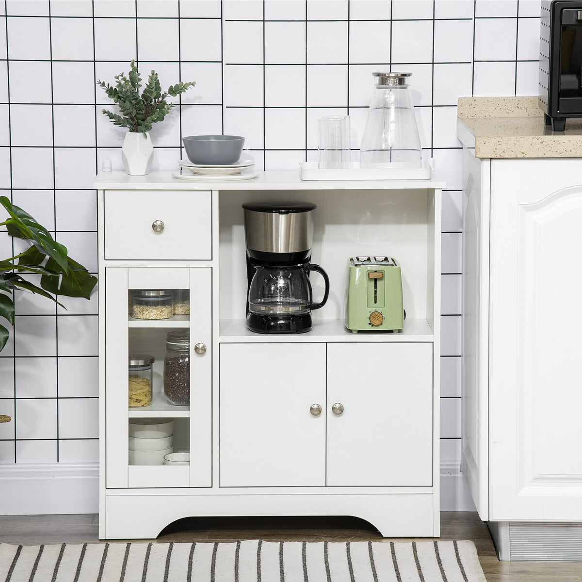 Buffet de cuisine moderne avec porte en verre, tiroir, grande niche et étagères réglables 80 x 30 x 82 cm blanc-9