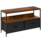 Meuble TV Bas sur Pieds Style Industriel 2 tiroirs en Tissu Gris MDF Brun Rustique et métal Noir-0