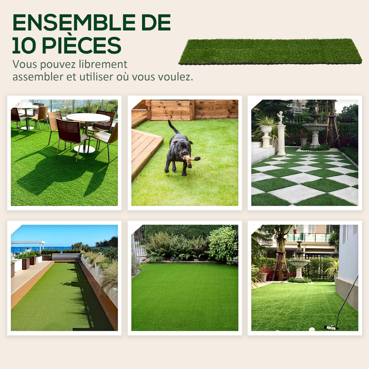Gazon synthétique Artificiel Set de 10 Dalles Carreaux 30 x 30 cm épaisseur Confort 3,5 cm à emboîter Vert-6