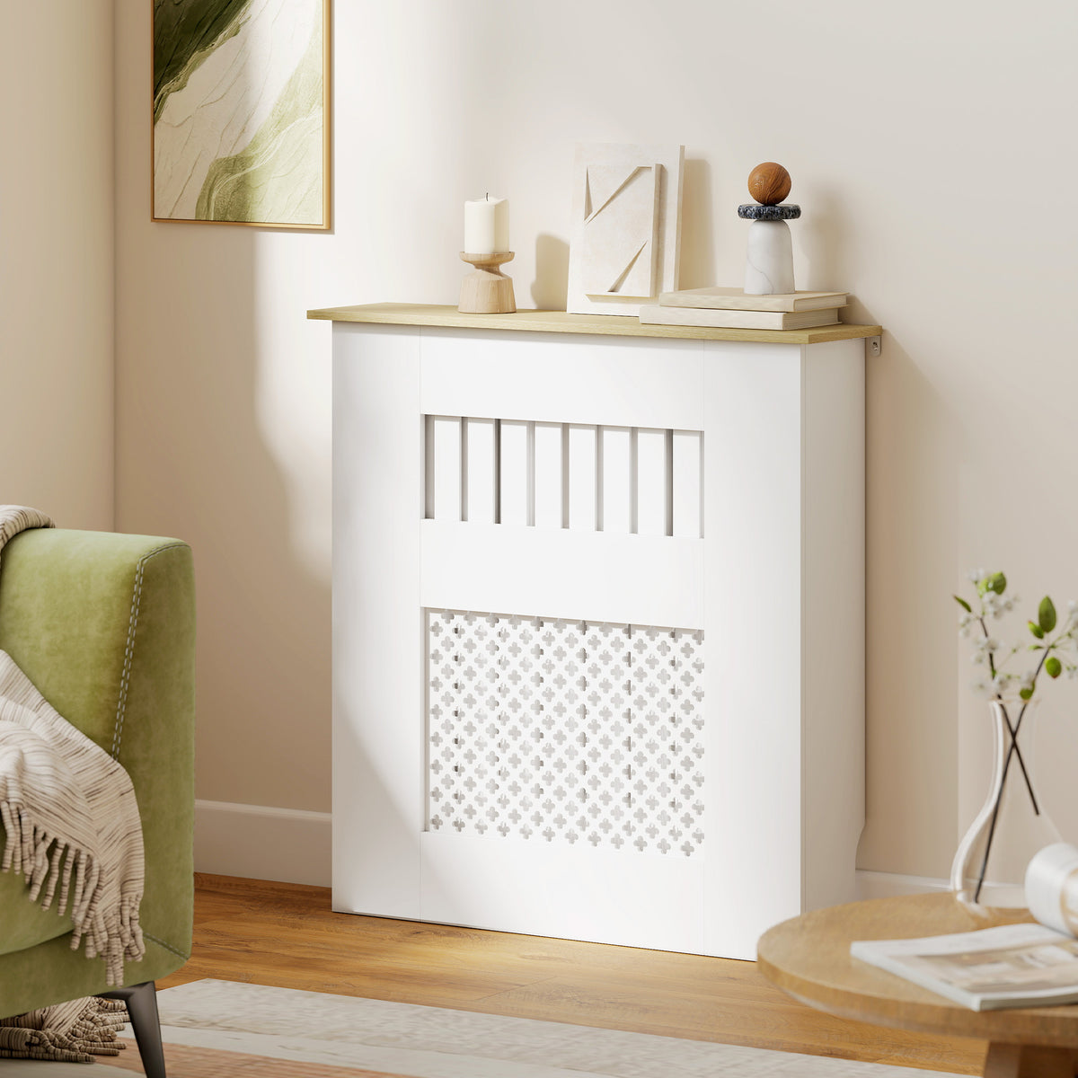 Couvercle de Radiateur en Bois à Lattes avec Détails Croisés et Étagère Supérieure, 78 x 19 x 81 cm, Blanc-7