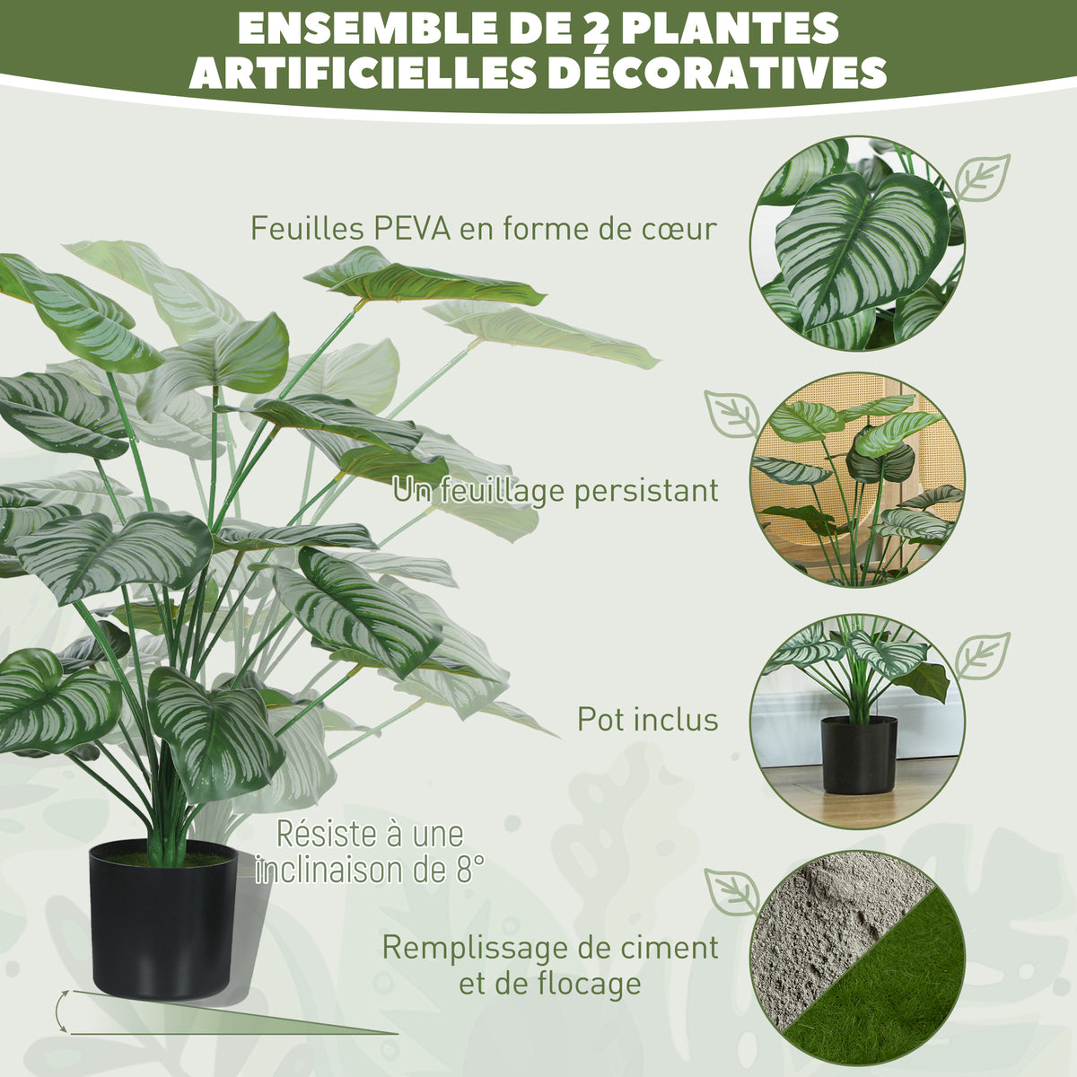 Lot de 2 plantes artificielles intérieures 65 cm, arbre artificiel avec pot en plastique et flocage, vert-3