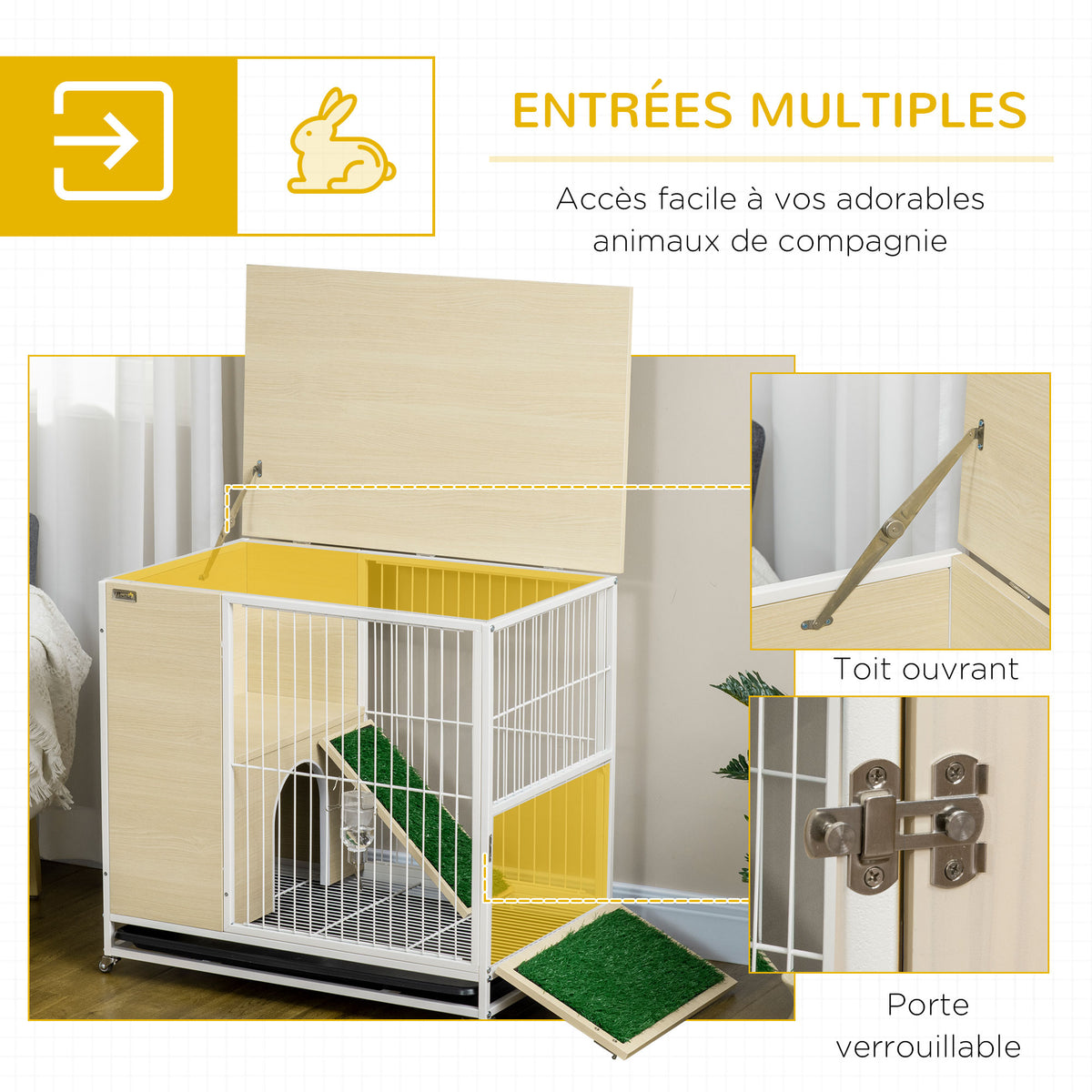 Cage à lapin clapier sur roulettes toit ouvrant plates-formes avec plateau amovible 78 x 52,5 x 76,5 cm naturel-4