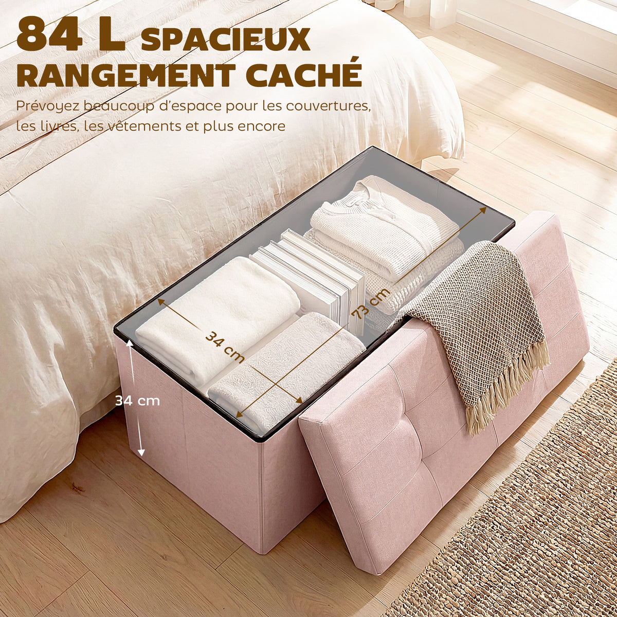 Banc de Rangement, Pouf de Rangement Pliable, Bout de Lit, Repose-Pieds avec Couvercle, 76L x 38l x 38H cm, Rose-3