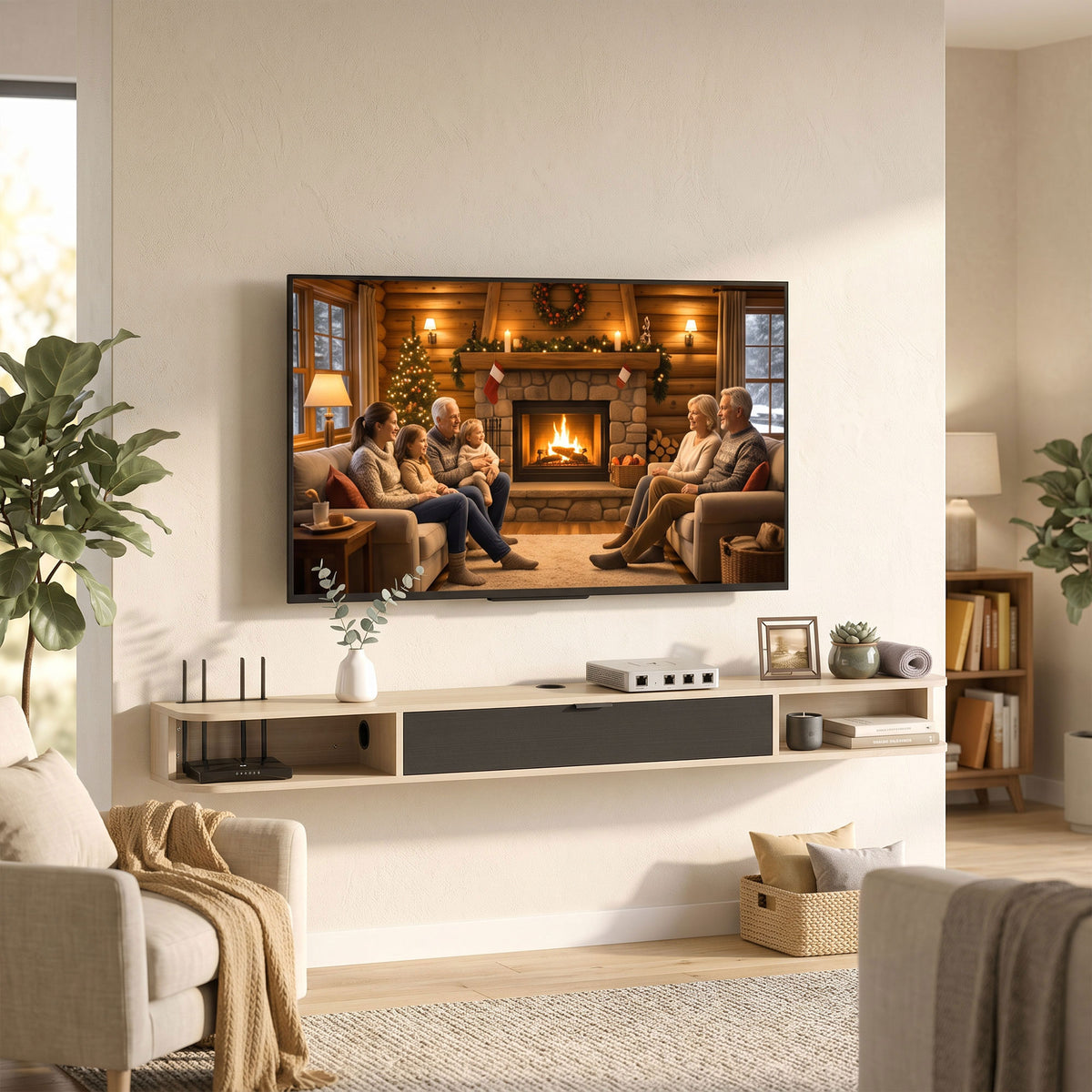 Meuble TV suspendu, meuble télé pour téléviseur jusqu'à 75 pouces, tiroir rabattable 2 étagères 180x24x16cm bois naturel-6
