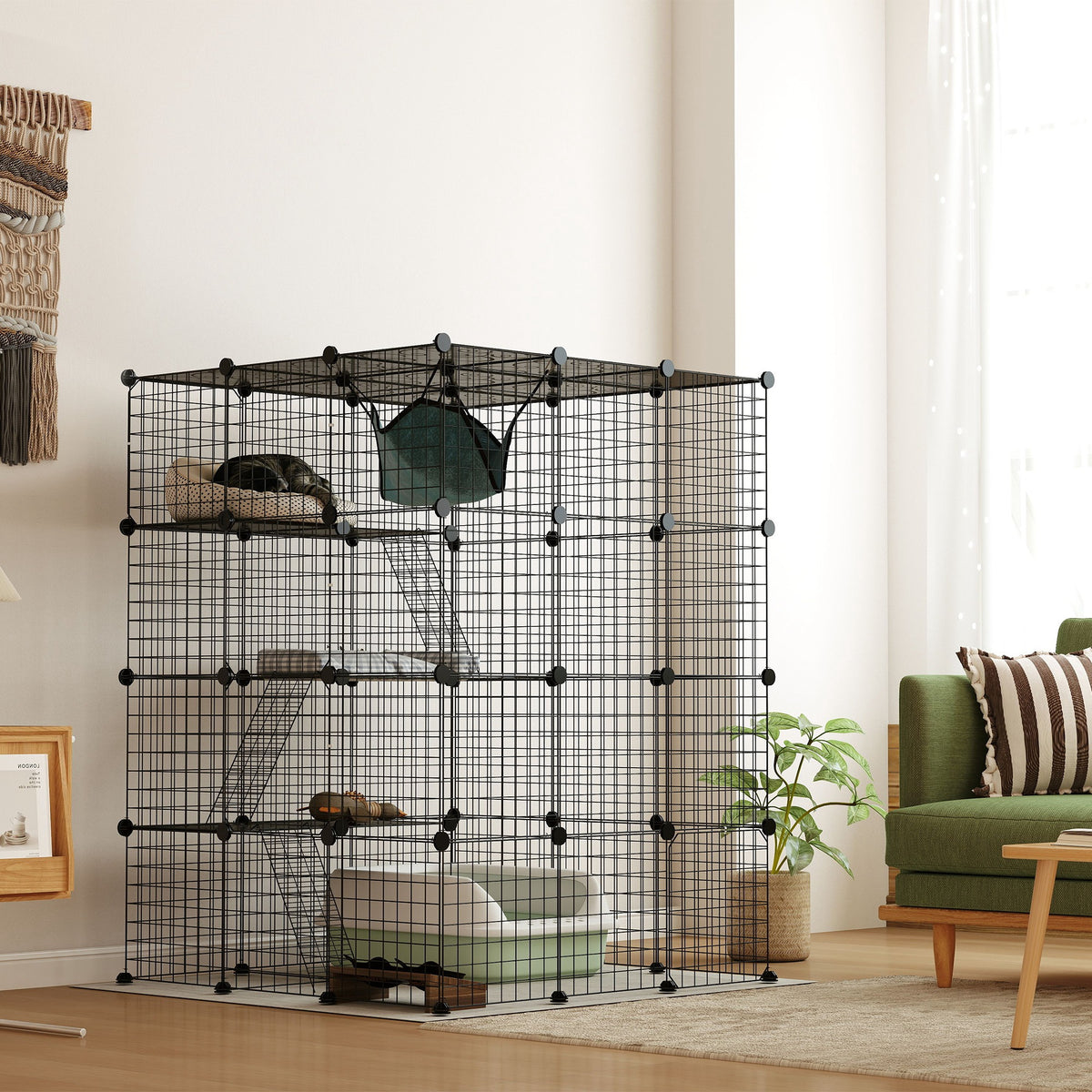 Clôture pour animaux domestiques lapin enclos intérieur 4 niveaux modulable panneaux grillagés 105 x 105 x 140 cm noir-9