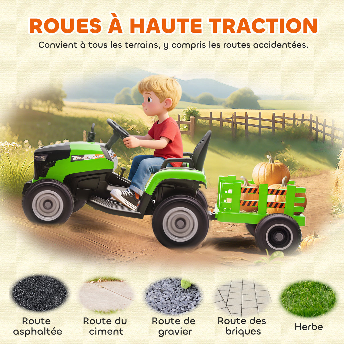 Tracteur électrique enfants avec remorque amovible, voiture électrique enfants, télécommande 2,4G, 139x58x55cm, vert-8