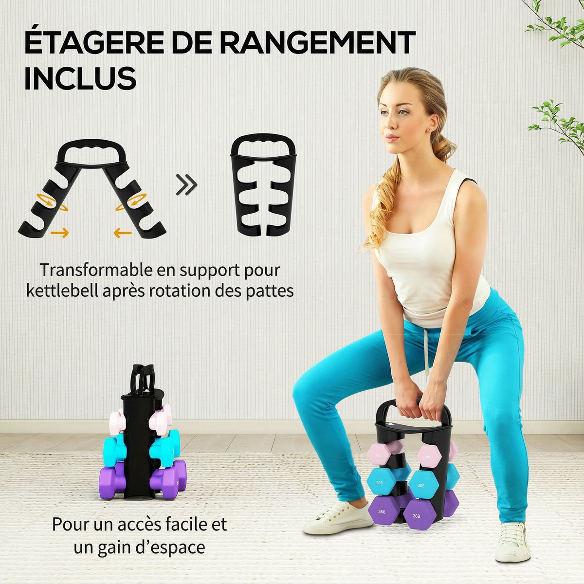Lot d'haltères hexagonaux, haltères musculation, 2 x 1 kg, 2 x 2 kg, 2 x 3 kg, avec support convertible d'haltères-4