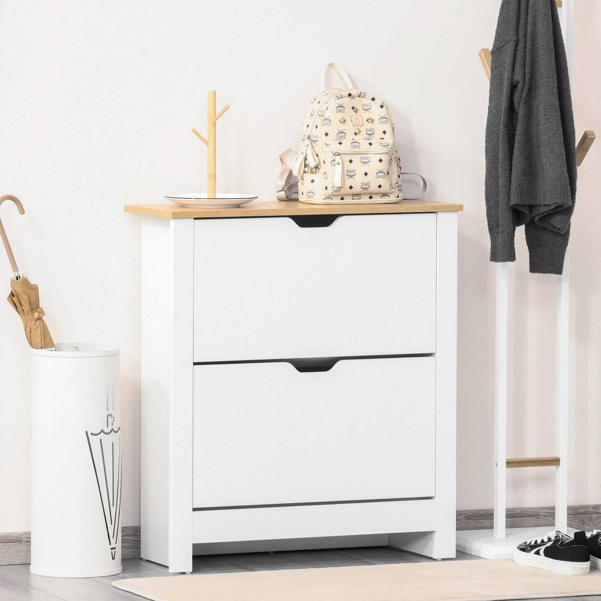 Meuble à chaussures 12 paires, armoire à chaussures étroite avec 2 tiroirs rabattables et étagères réglables, style moderne, pour couloir, entrée, 72 x 26 x 80 cm, blanc et bois naturel-1