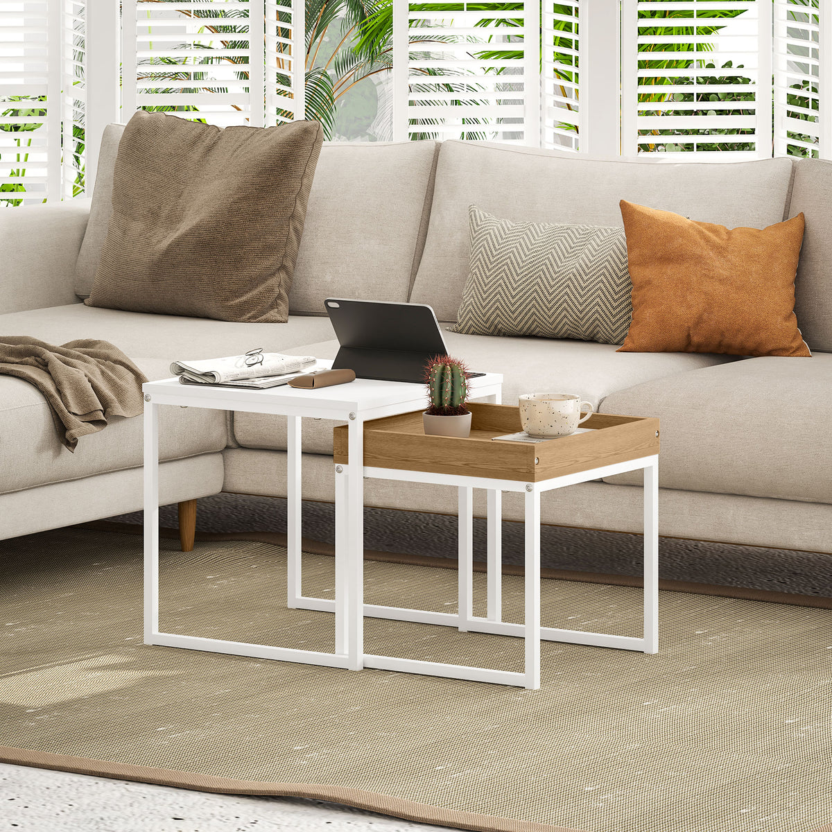 Lot de 2 tables basses gigognes carrées, tables gigognes de salon avec cadre en acier, style moderne, blanc-9