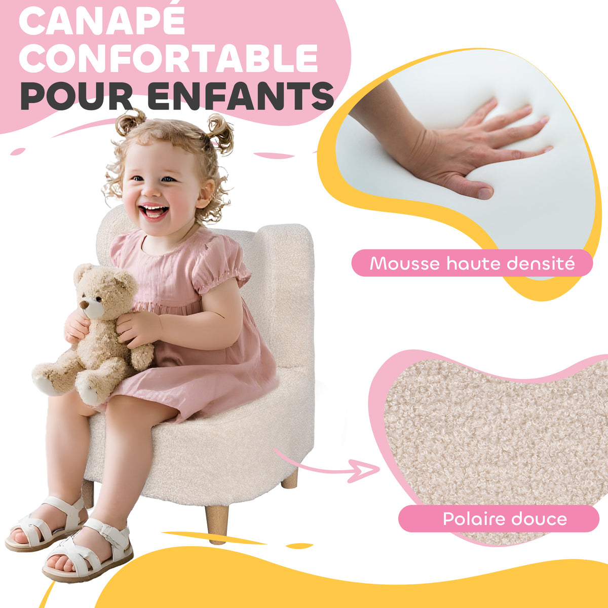 Fauteuil enfants canapé pour enfants avec dossier en forme ours, tissu en polaire teddy, 47 x 43 x 53 cm, beige-3