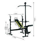 Banc de musculation Fitness entrainement complet dossier réglable cordes traction curler supports barre et haltères noir et jaune-2