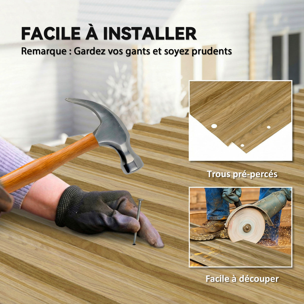 Lot de 12 Panneaux en Acier Galvanisé Résistant aux Intempéries, Bois Naturel, Dim. d'un Panneau 129L x 45l cm-4