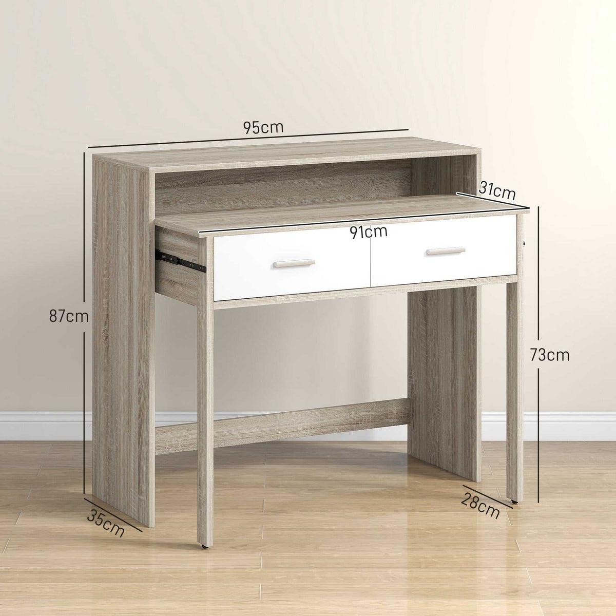 Table console avec plateau coulissant et 2 tiroirs, table de couloir avec rangement, 95l x 35P x 87H cm, aspect chêne-2