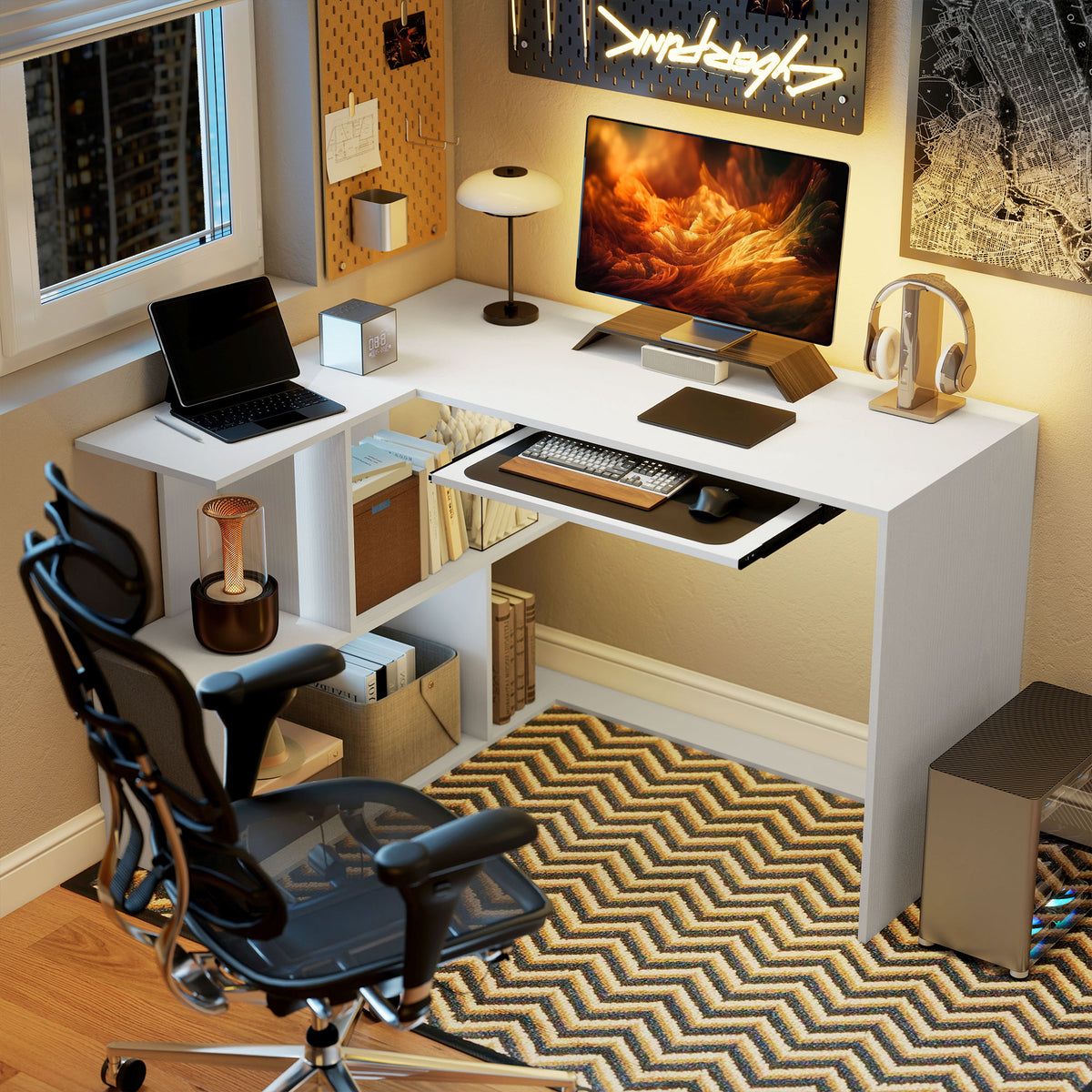 Bureau d'angle bureau en L avec étagères de rangement, plateau à clavier coulissant, 120x100x76cm, blanc-1