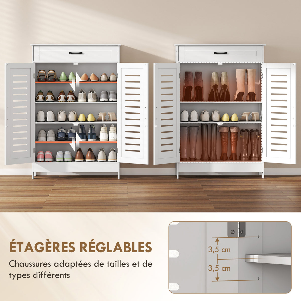 Meuble à chaussures 20 paires, armoire à chaussures avec 2 portes persiennes, tiroir et étagères réglables, blanc-4
