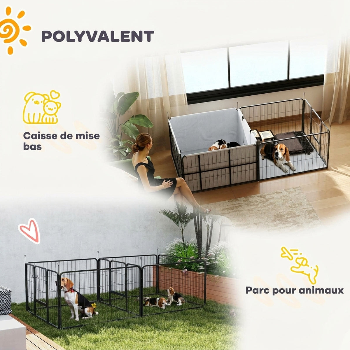 Parc de Mise Bas pour Chien 2 Compartiments Séparés avec Toile Oxford Coupe-Vent 7 Panneaux 203x102x60cm Noir-3