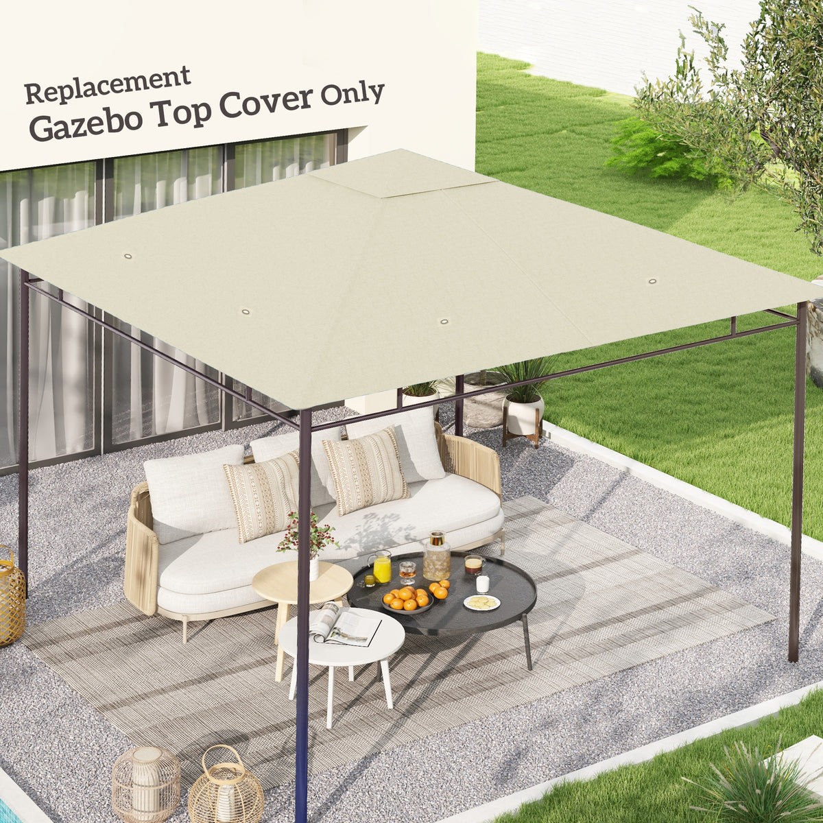 Toile de rechange pour pavillon tonnelle tente toit de remplacement gazebo de jardin polyester 180 g/m² 3 x 3 m crème-1