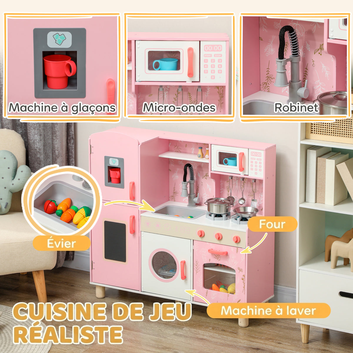 Cuisine Enfant avec Glaçons, Micro-ondes, Four, Plaque, Évier, Machine à Laver, Tableau, 90x 33,3x91,6cm, Rose-3