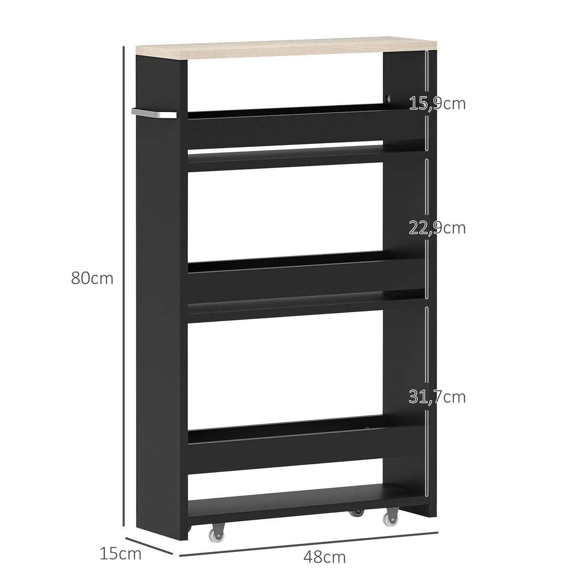 Chariot de rangement à 3 niveaux chariot de stockage étagère sur roulettes avec poignée - 48 x 15 x 80 cm noir-2