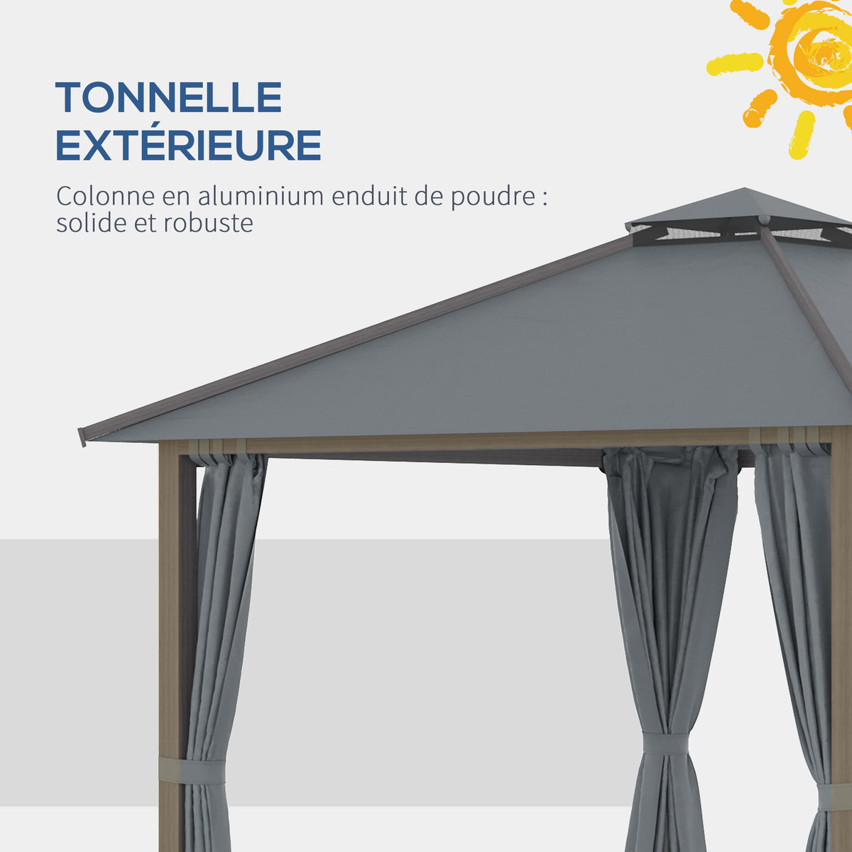 Tonnelle de jardin pour terrasse avec 4 parois latérales double toit protection solaire 3 x 3 m gris-5