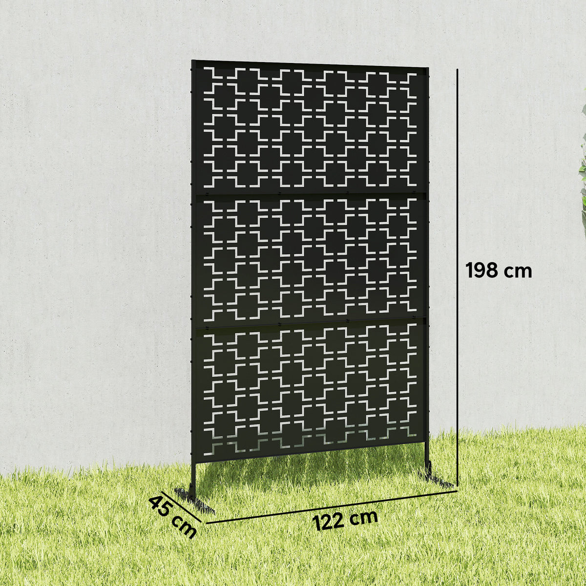 Panneau brise vue décoratif paravent extérieur à motif géométrique ajouré en métal - 122 x 45 x 198 cm, noir-2