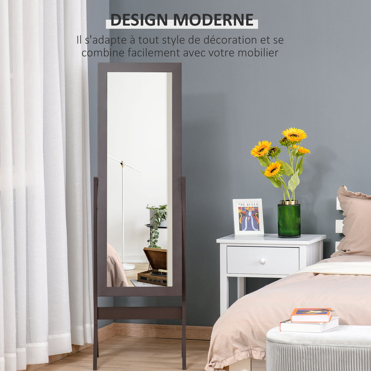 Miroir en Pied Grand Miroir de Sol Inclinaison réglable pour Dressing Chambre dim. 47L x 46l x 148H cm en café-4