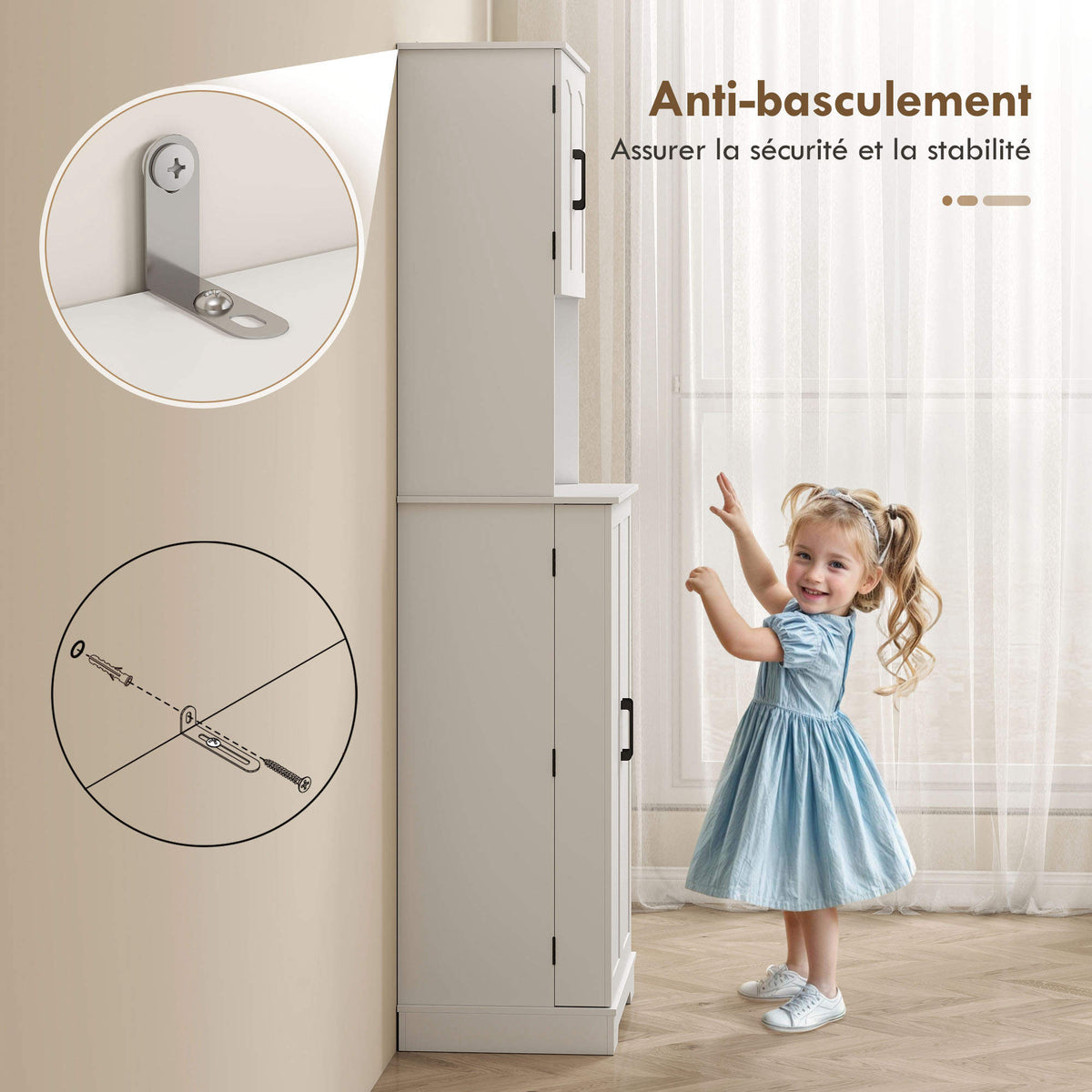 Buffet haut cuisine armoire de cuisine, 4 portes plan de travail 8 porte-épices étagères réglables 60x40x181,5cm blanc-6