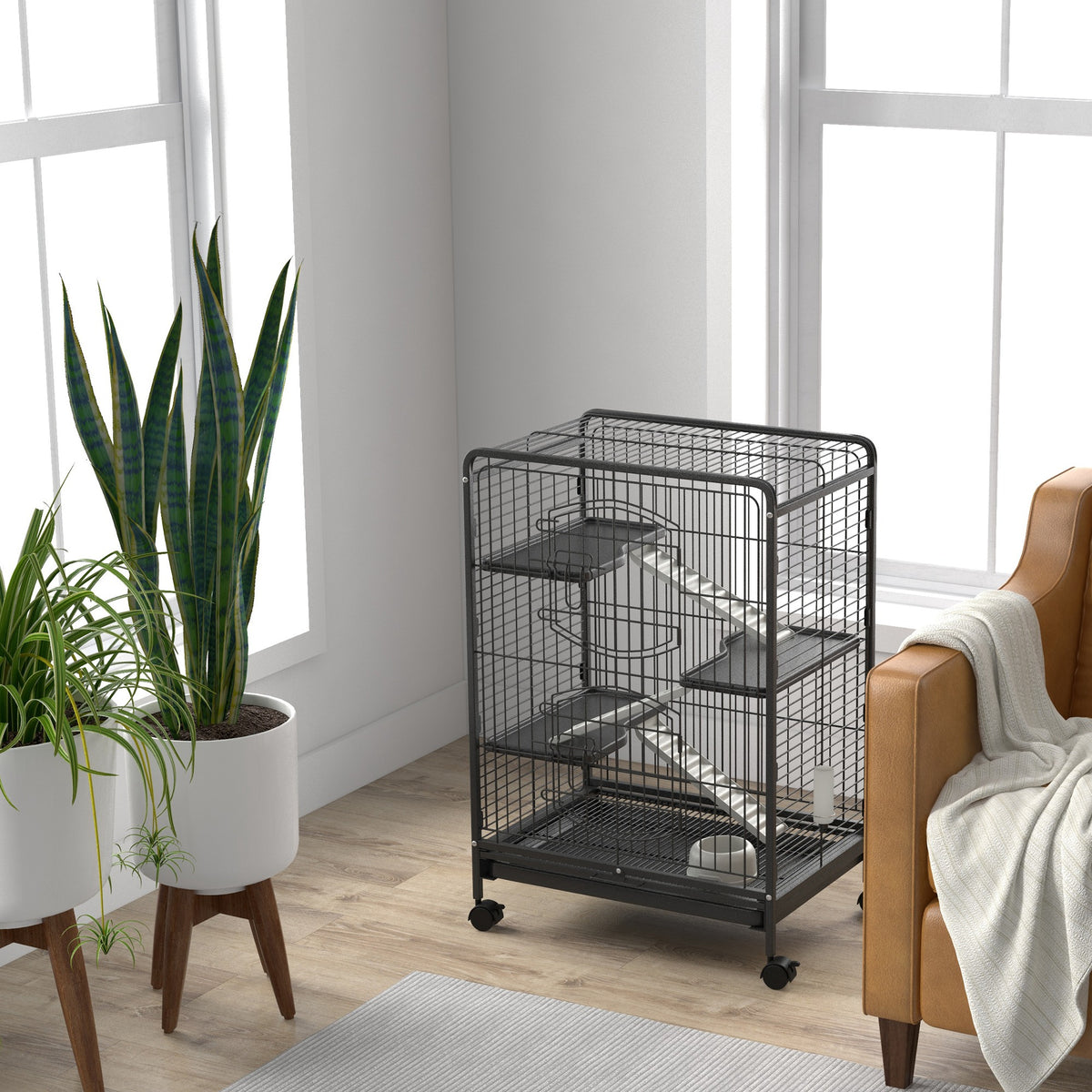 Cage pour rongeurs cage pour Petits Animaux Roulante 3 Rampes 3 Plates-formes Plat et Bouteille d'Eau Bac Inférieur Amovible pour lapin vison d'animaux chinchilla Acier PP 61,5x44x95cm Noire-8