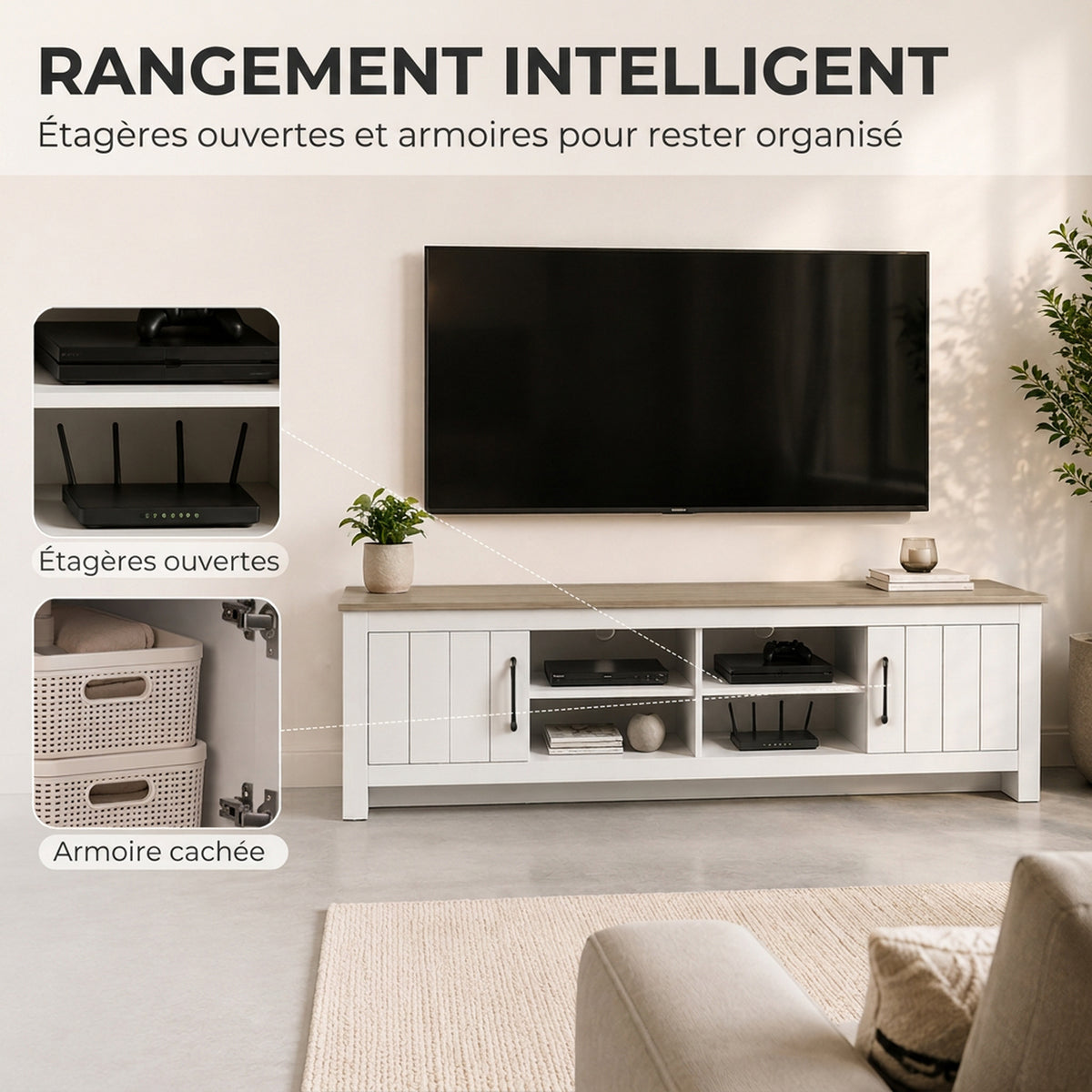 Meuble TV 175 cm, Meuble Télé pour Téléviseur jusqu'à 55 Pouces avec 2 Portes et 4 Compartiments Ouverts, Chêne et Blanc-4