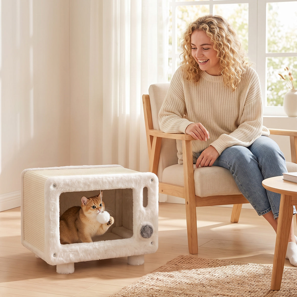 Maison pour Chat Niche pour Chat Intérieure en Forme de Télévision Tapis en Sisal et Balle Suspendue 50x33x42cm Blanc-7