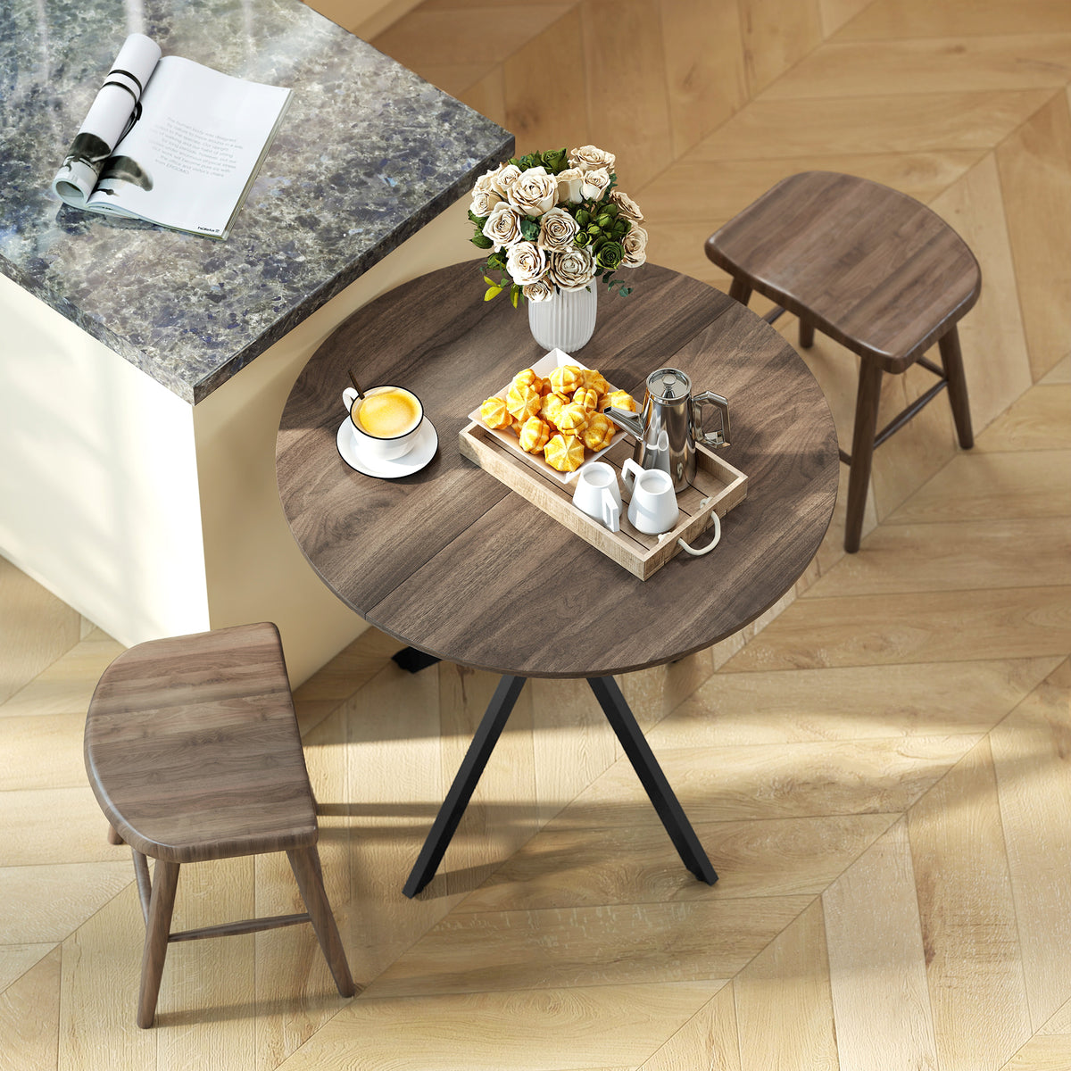 Table à manger ronde pour 2 personnes avec plateau aspect bois et piètement croisé en acier, marron-8