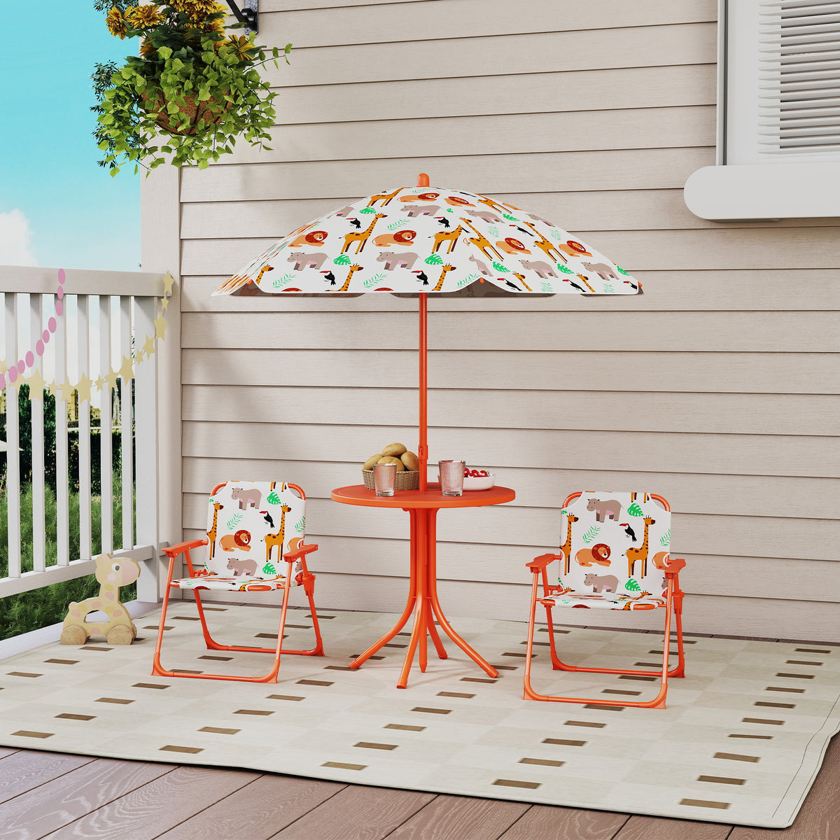 Salon de jardin enfant, table enfant avec 2 chaises pliantes et parasol Ø 100 cm, motif animal, orange-9