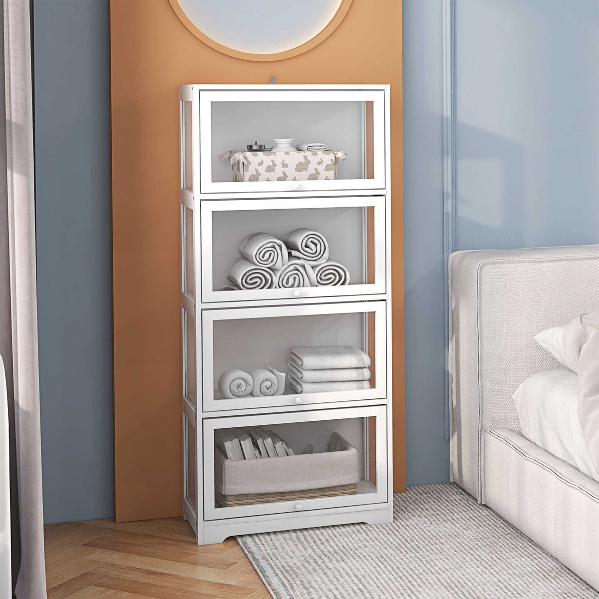Vitrine pour collection buffet salon meuble de rangement à 4 niveaux avec portes à abattant, 59 x 30 x 139 cm, blanc-1