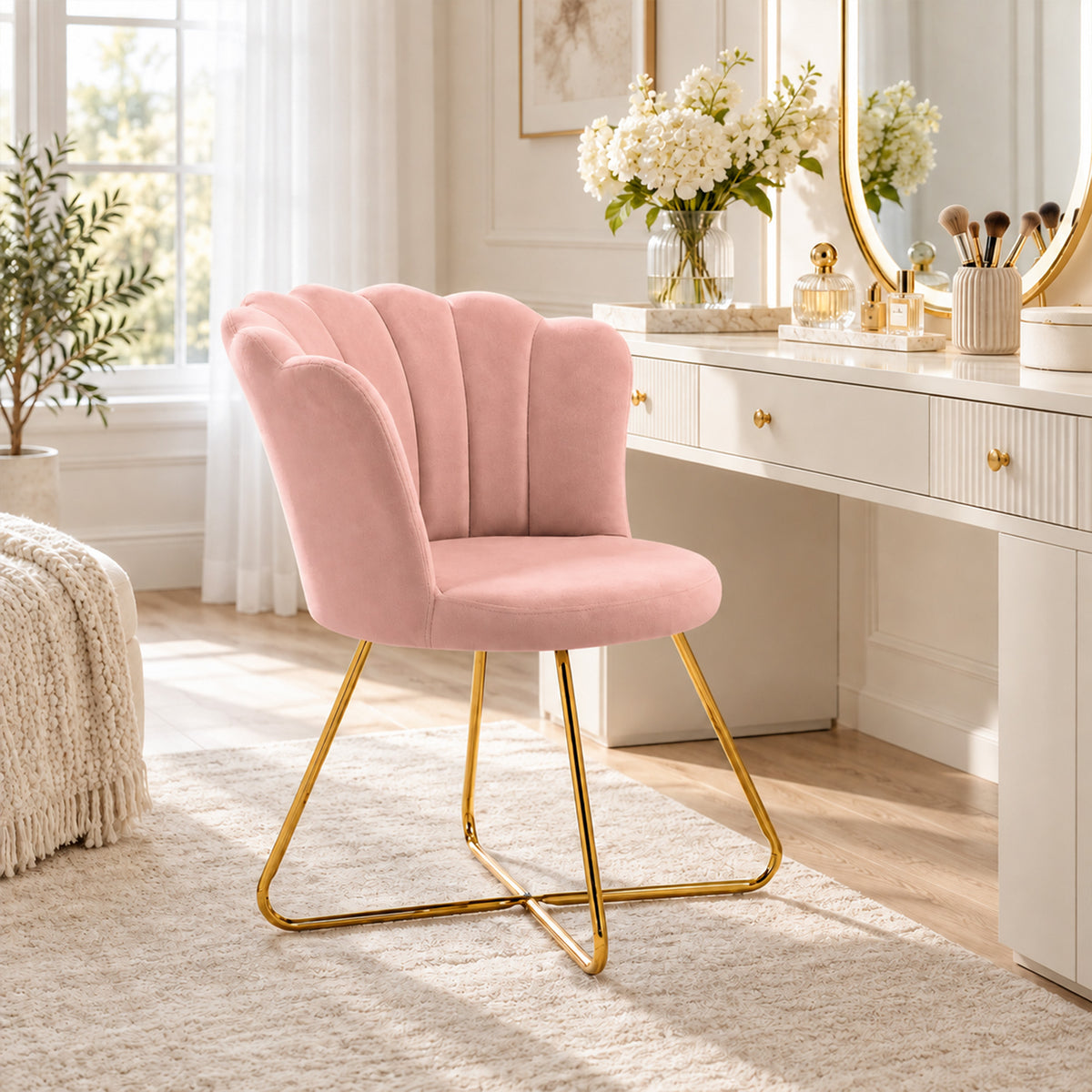 Fauteuil coquillage chaise coiffeuse fauteuil en velours fauteuil de salon avec pieds en acier 69 x 64 x 80 cm rose-9