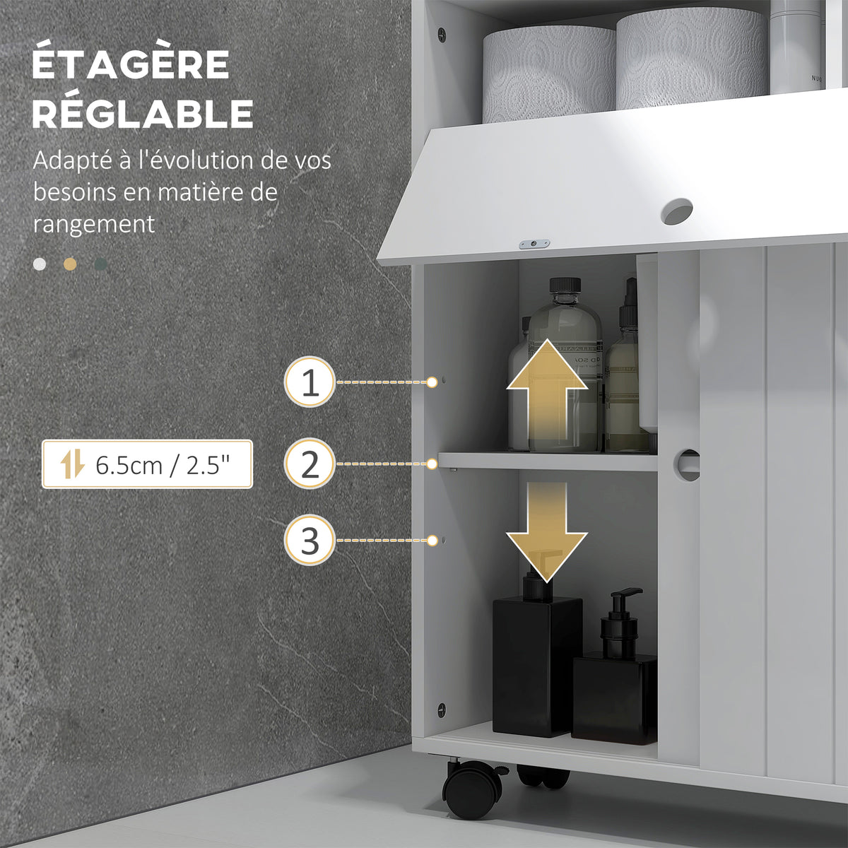 Meuble de rangement toilette salle de bain avec rangement papier toilette sur roulettes - 52 x 17 x 67 cm blanc-5