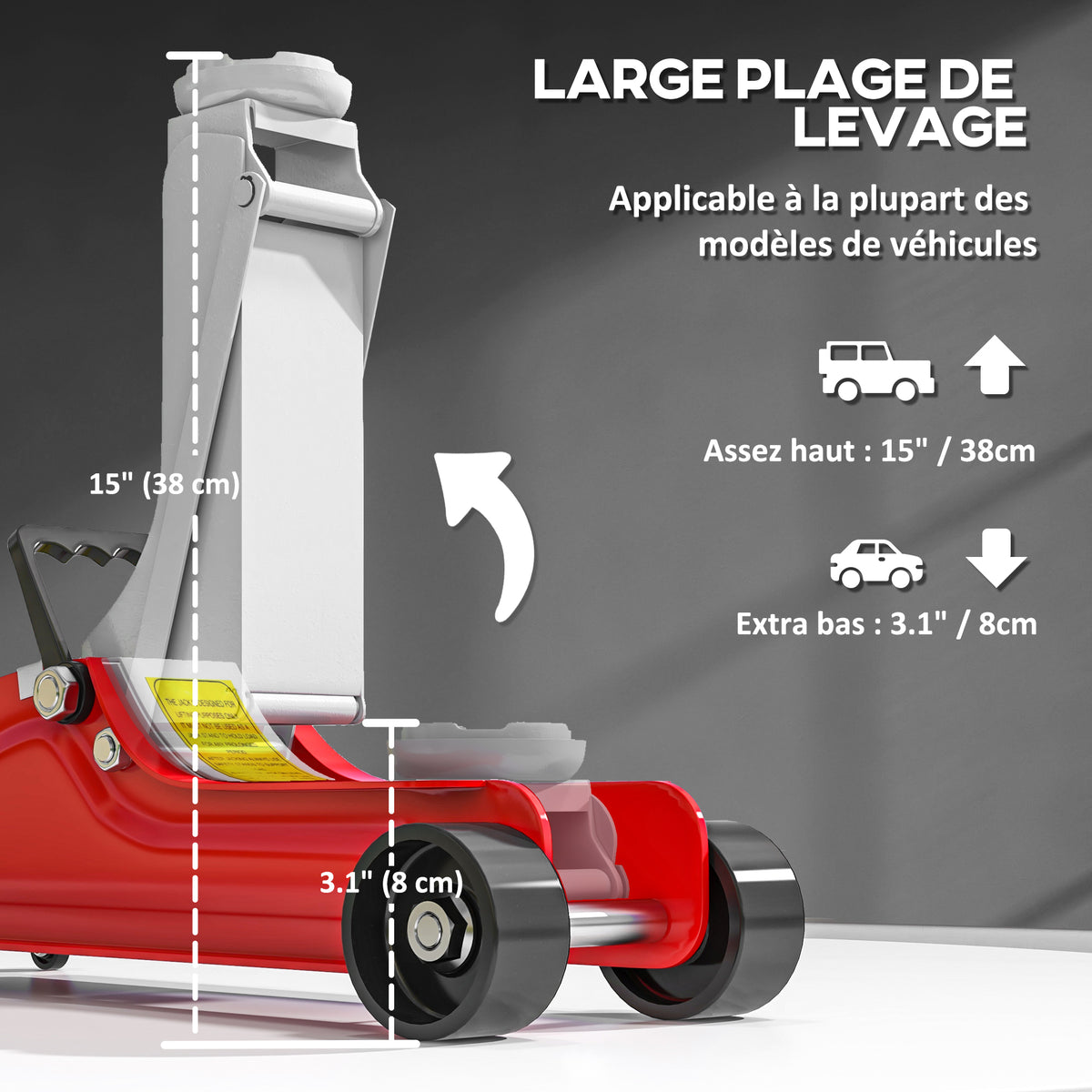Cric hydraulique à profil bas, en acier robuste, Charge maximale de 2500 kg, capacité de levage de 8 à 38 cm, rouge-3