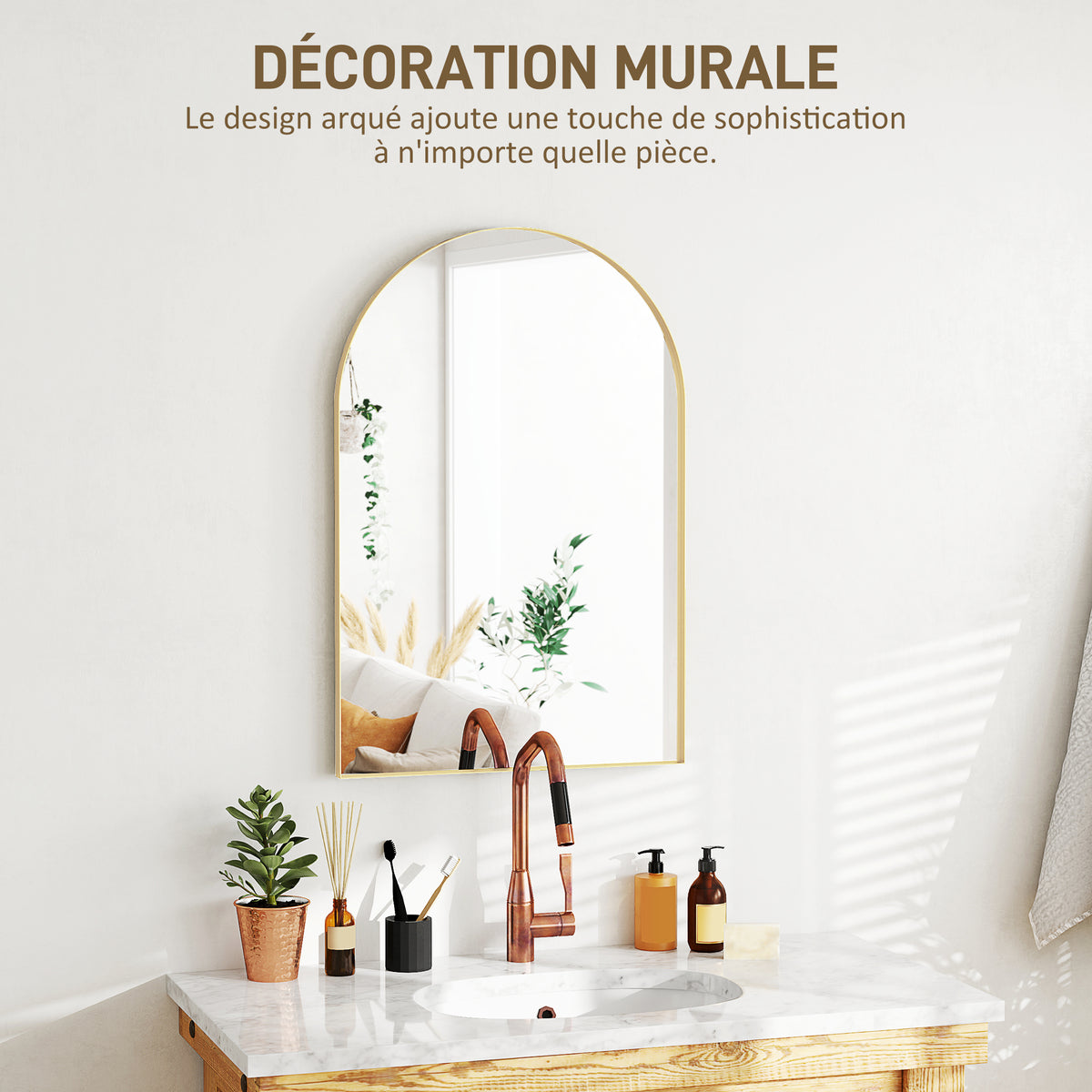 Miroir mural arqué miroir de salle de bain avec cadre en alliage d'aluminium pour chambre salon entrée 60 × 90 cm or-5