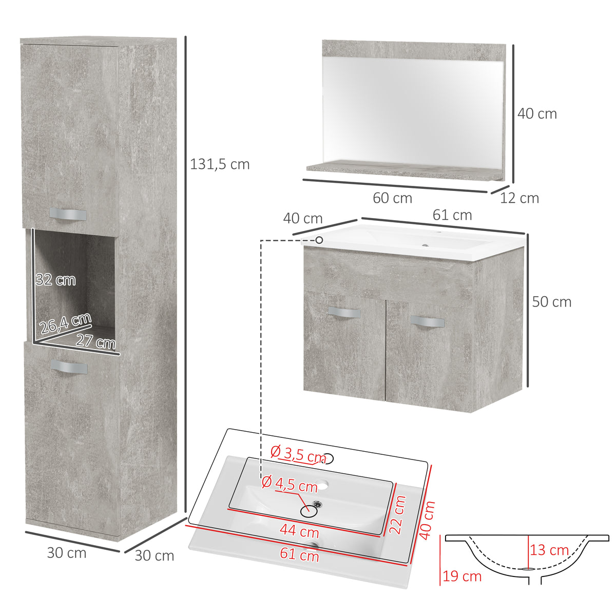 Ensemble de Meubles de Salle de Bain 4 Pièces, Mural, avec Miroir, Meuble sous Vasque, Lavabo et Armoire Haute, gris-2