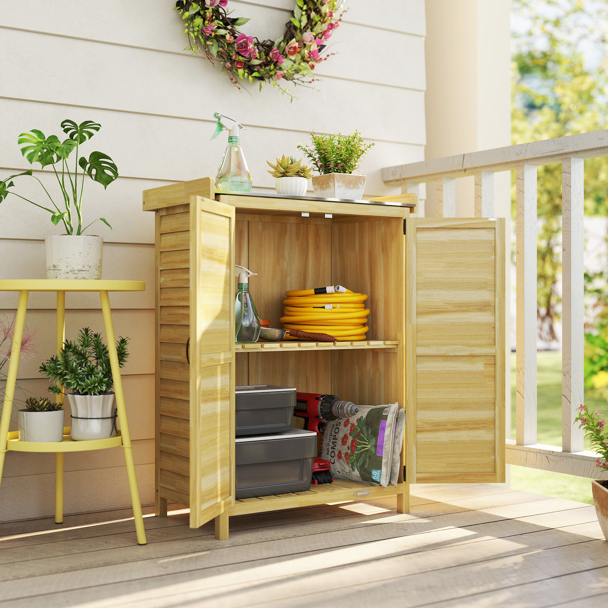 Armoire de jardin, armoire extérieure de rangement en bois, plan de travail en métal galvanisé, 71,5x39x95cm, naturel-1