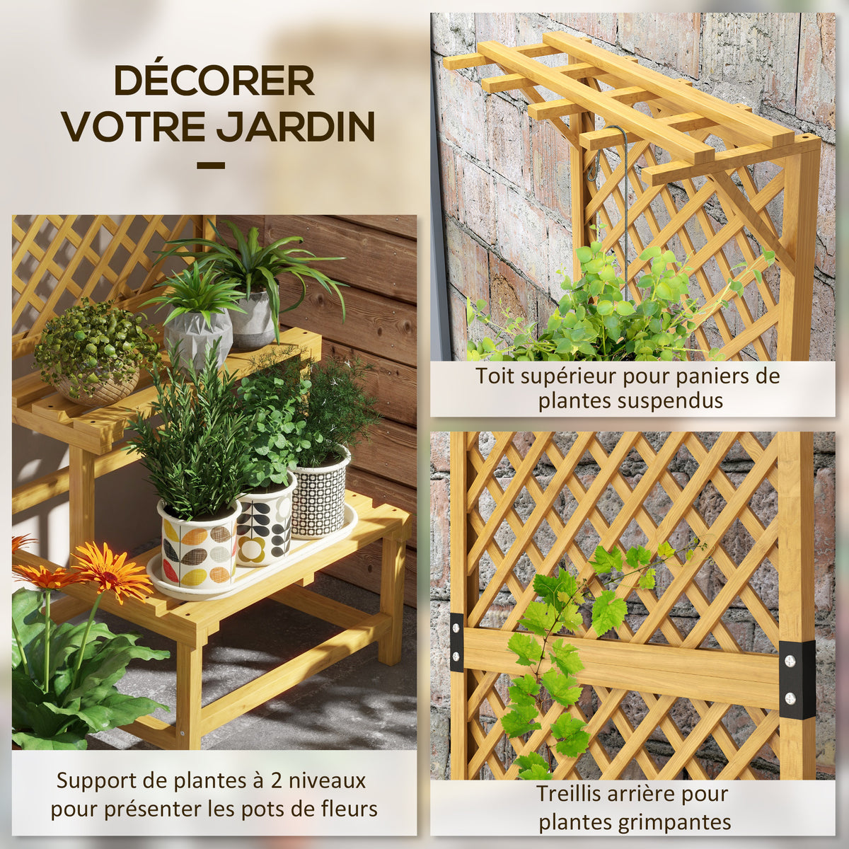 Support plantes intérieur porte plante intérieure à deux niveaux avec treillis 60 x 50 x 166 cm en bois massif jaune-3