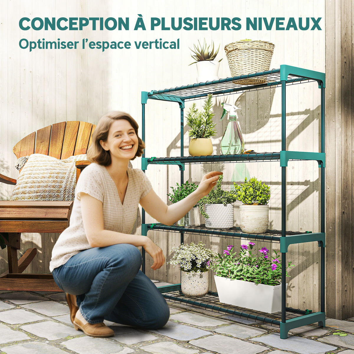 Lot de 2 Étagères à Plantes 4 Niveaux Intérieur Extérieur, Supports pour Plantes en Métal, 90 x 28 x 104 cm, Vert-3